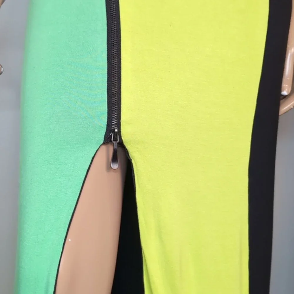 💠Bebe Addiction Colour Block Maxi Dress Women' Size Small Neon Green Sleeveless - Picture 4 of 15